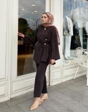 kruveze düğmeli pantalonlu takım kahve