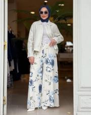 keten çiçekli pantolon bej