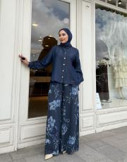 keten pantolon düz ve çiçekli mavi