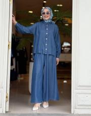 pantolon etekli tensel takım mavi