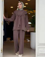 fular detaylı pantolon takım kahve 2