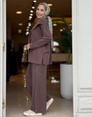 fular detaylı pantolon takım kahve 3