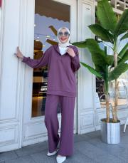 t-shirt detaylı basic takım mürdüm