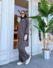 t-shirt detaylı basic takım kahve 2