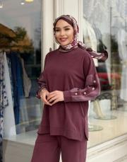 düğme detaylı takım bordo 3