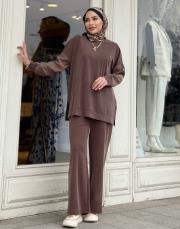 düğme detaylı takım kahve