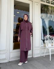 kapşonlu çift yaka kap mürdüm