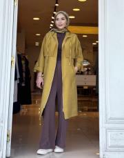 kapşonlu çift yaka kap hardal