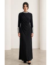 exclusive yaka ve kol detay elbise siyah