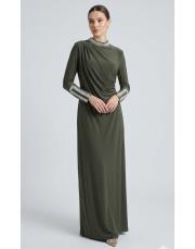 exclusive yaka ve kol detay elbise haki