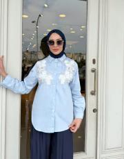 ithal yakası taşlı gömlek mavi