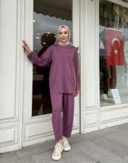 pile detaylı pantolon takım mürdüm