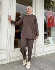 pile detaylı pantolon takım kahve 2