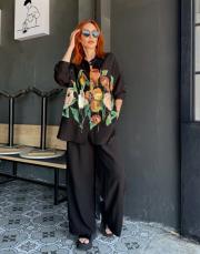 luna çiçek desenli takım siyah