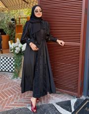 ithal saten dantel detay elbise siyah 4