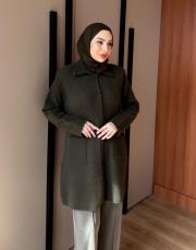 gömlek yaka angora hırka haki 3