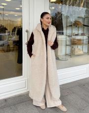 peluş leopar astarlı uzun yelek bej