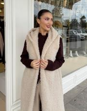 peluş leopar astarlı uzun yelek bej 3